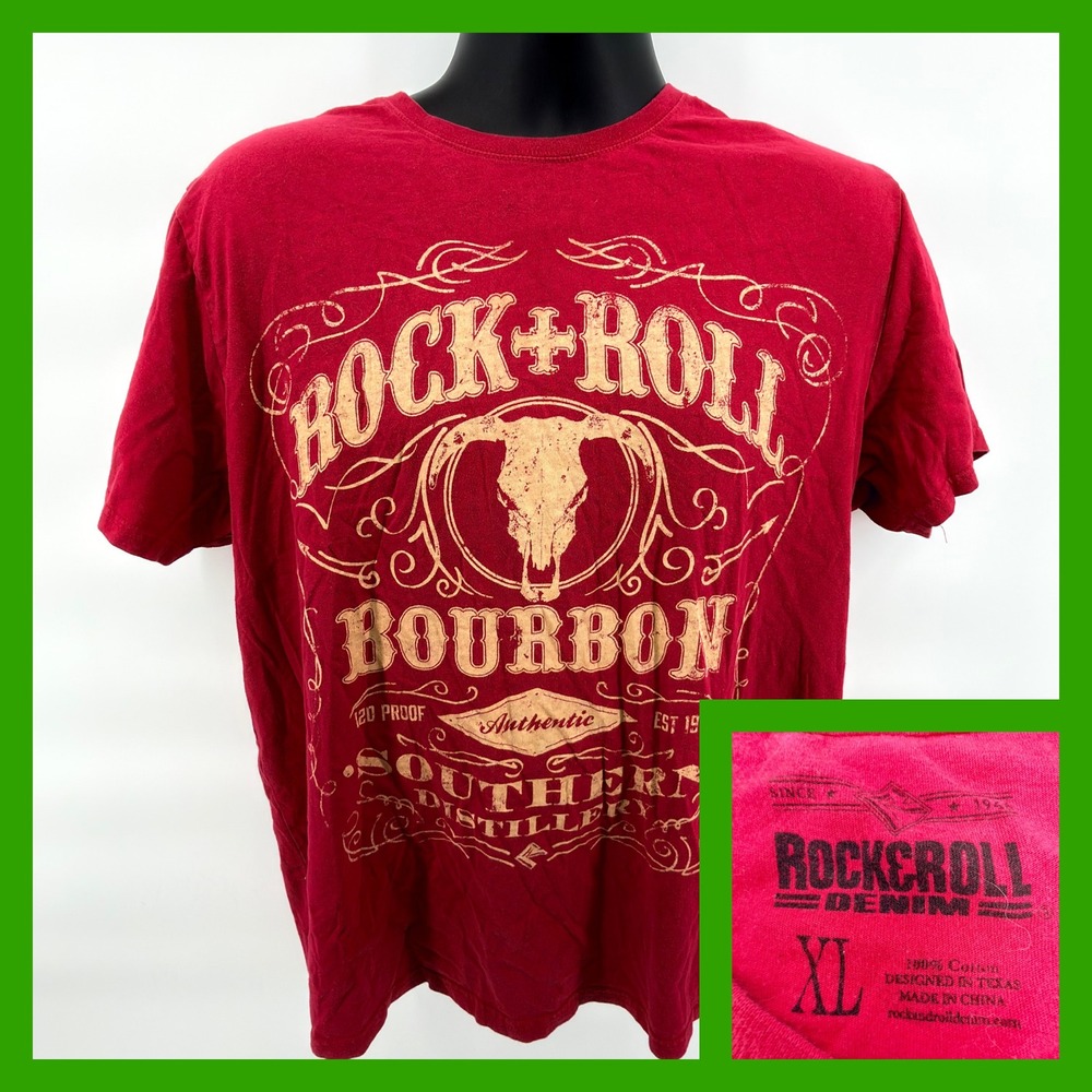 Rock & Roll Denim Shirt Mens‎ XL Red Bourbon Southern Distillery Bull Skull